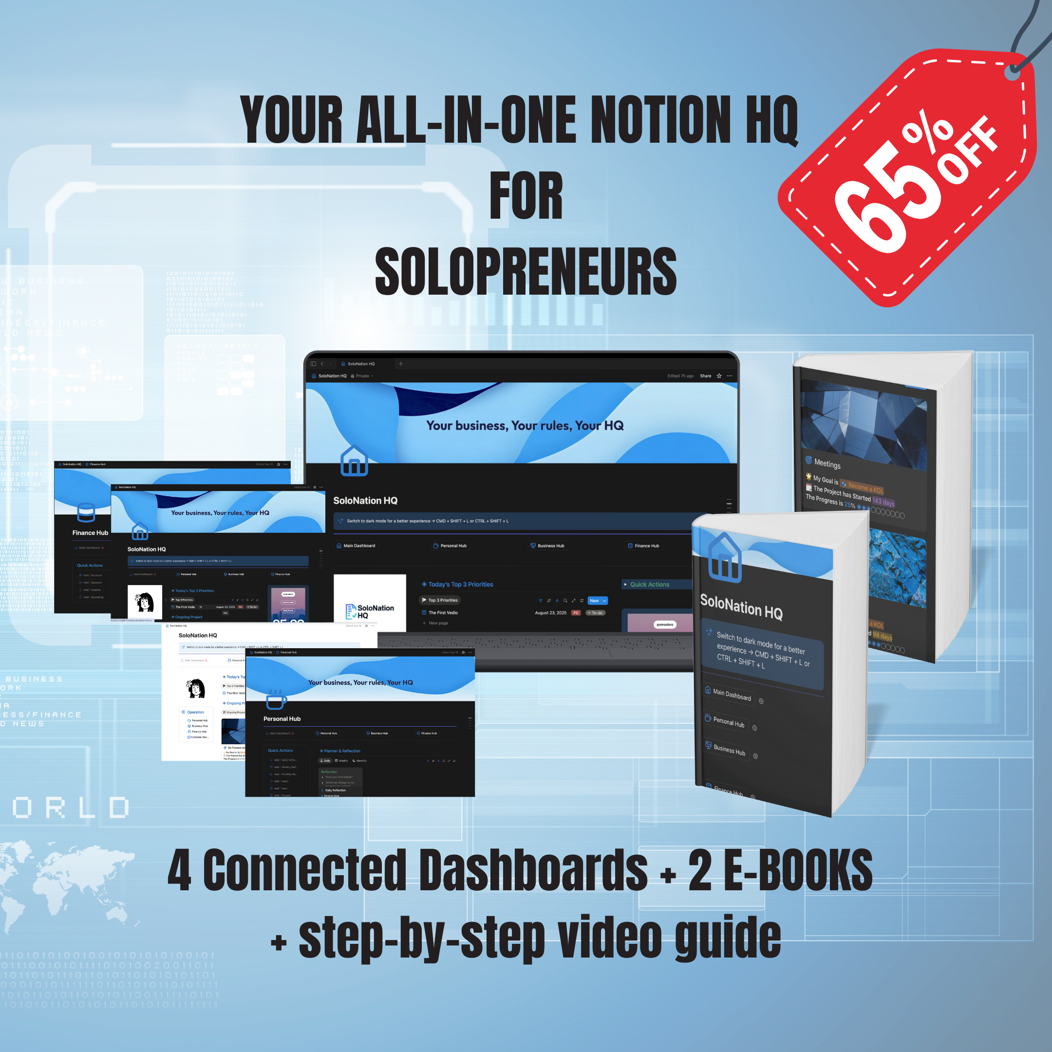 Promotional graphic for Notion HQ with a discount offer on a blue background, e-books and templates