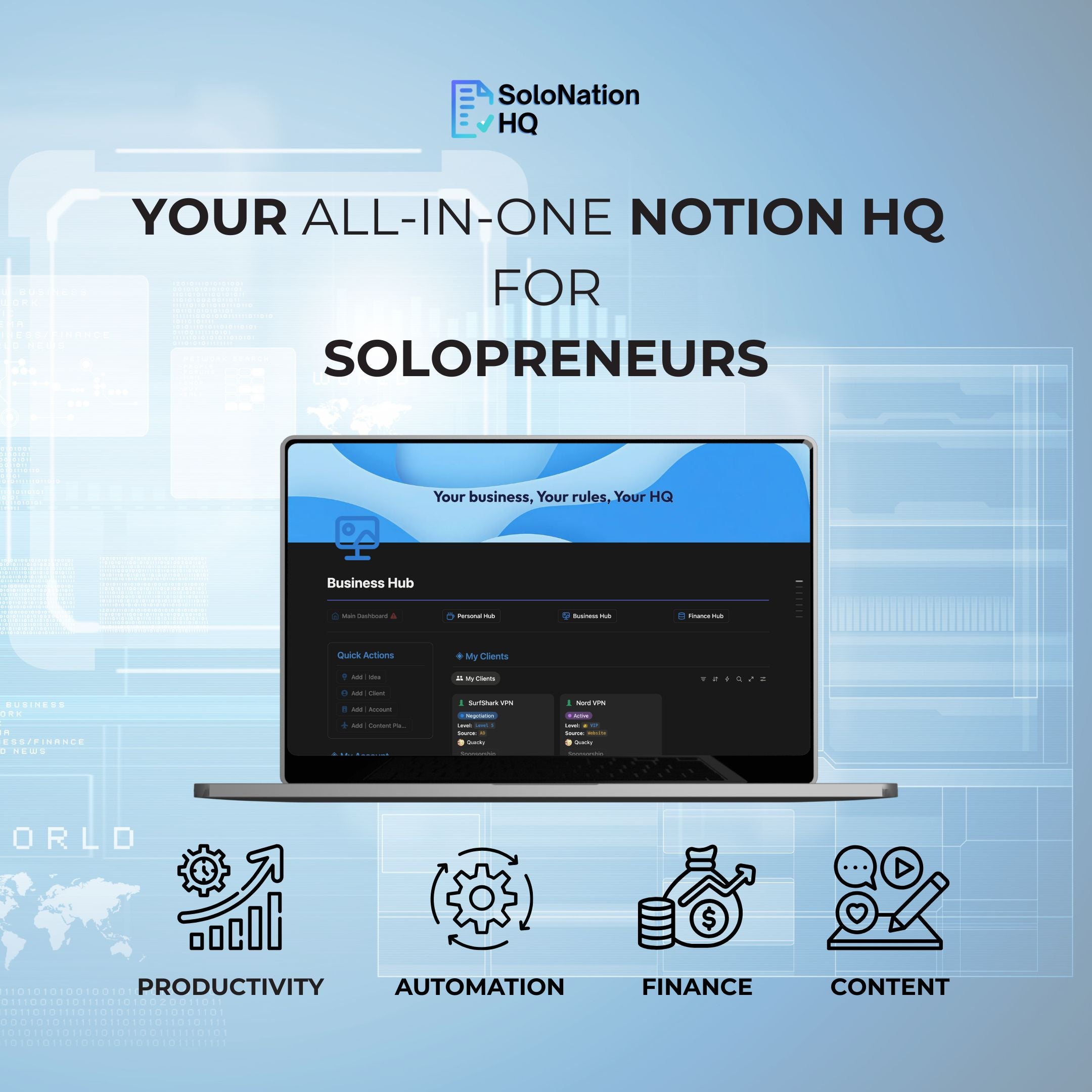 Solo Nation HQ Notion Templates | Productivity Dashboard & Workspace Kit